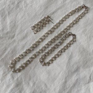 Rhinestone and White Bead Choker Necklace, Bracelet, and Drop Earrings Set